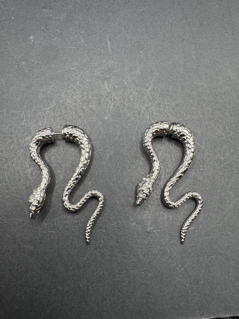 Intertwined Silver Tone & Clear Rhinestone Snake Serpent Stud Earrings